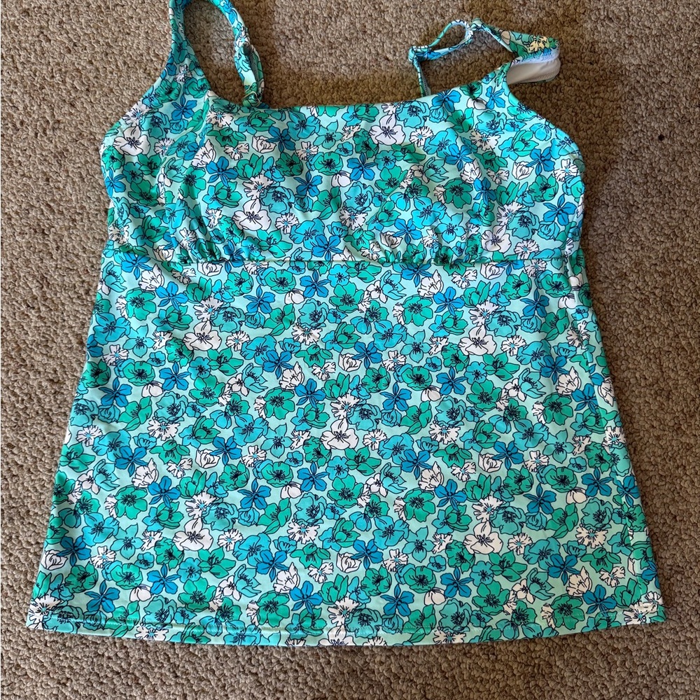 Size 12 Lands' End Floral Blue and Green Square Neck Underwire Tankini Swimsuit